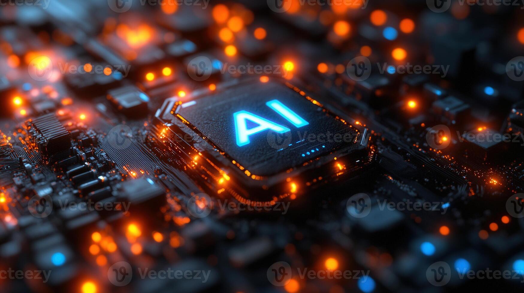 Intricate computer circuit board with an illuminated AI symbol showcasing modern technological advancements. photo