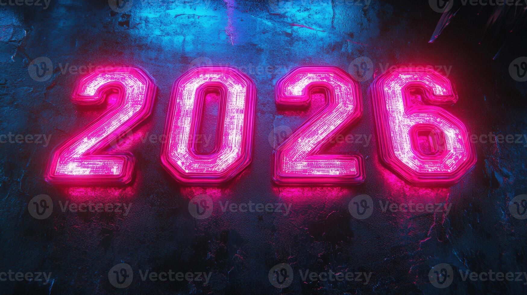 Neon pink digits 2026 glow brightly against a dark, textured surface with a futuristic style. photo