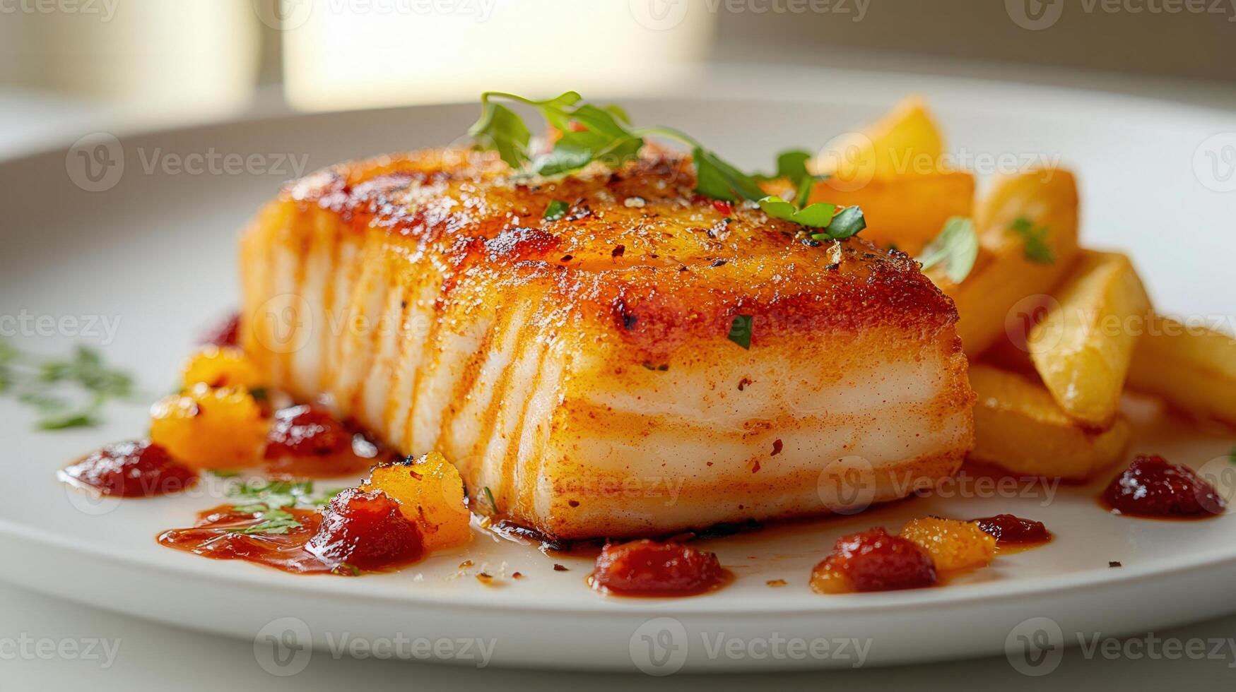 Close-up shot of a beautifully plated pan-seared cod fillet with fries and compote. photo