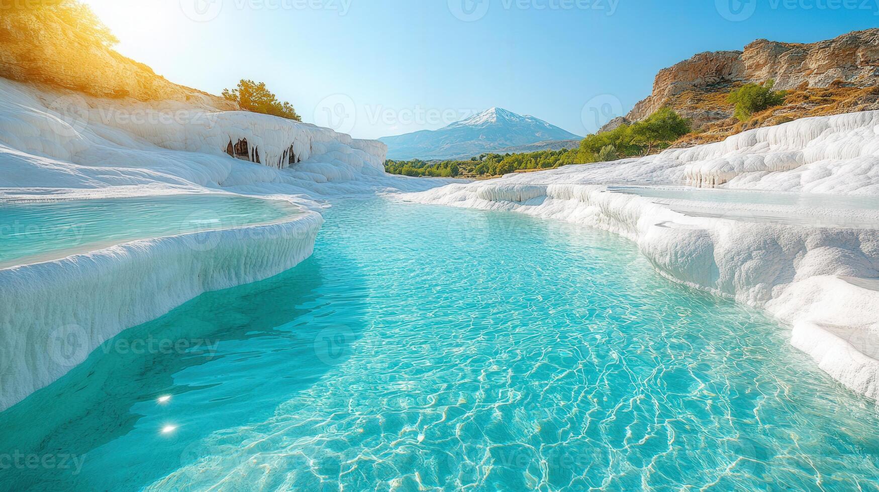 Picturesque view of Pamukkale, Turkey, showcasing the stunning white travertine terraces and blue waters. photo