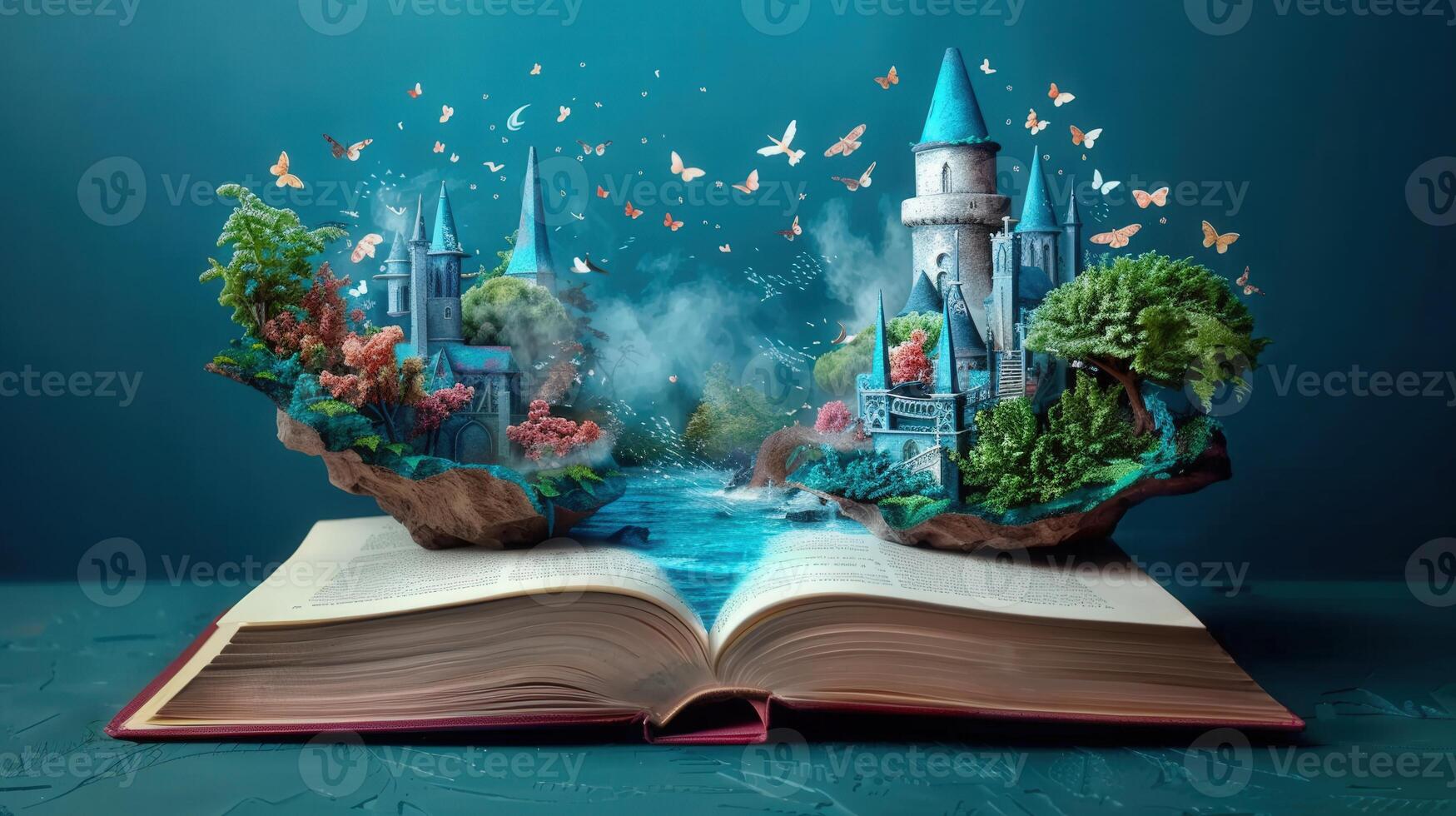An enchanting scene of a storybook world with floating castles and magical butterflies. photo