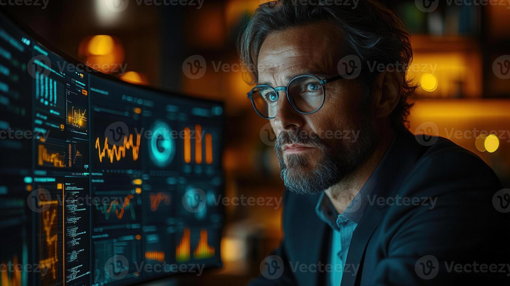 A man in glasses looks at data displayed on a curved computer screen in the office. photo