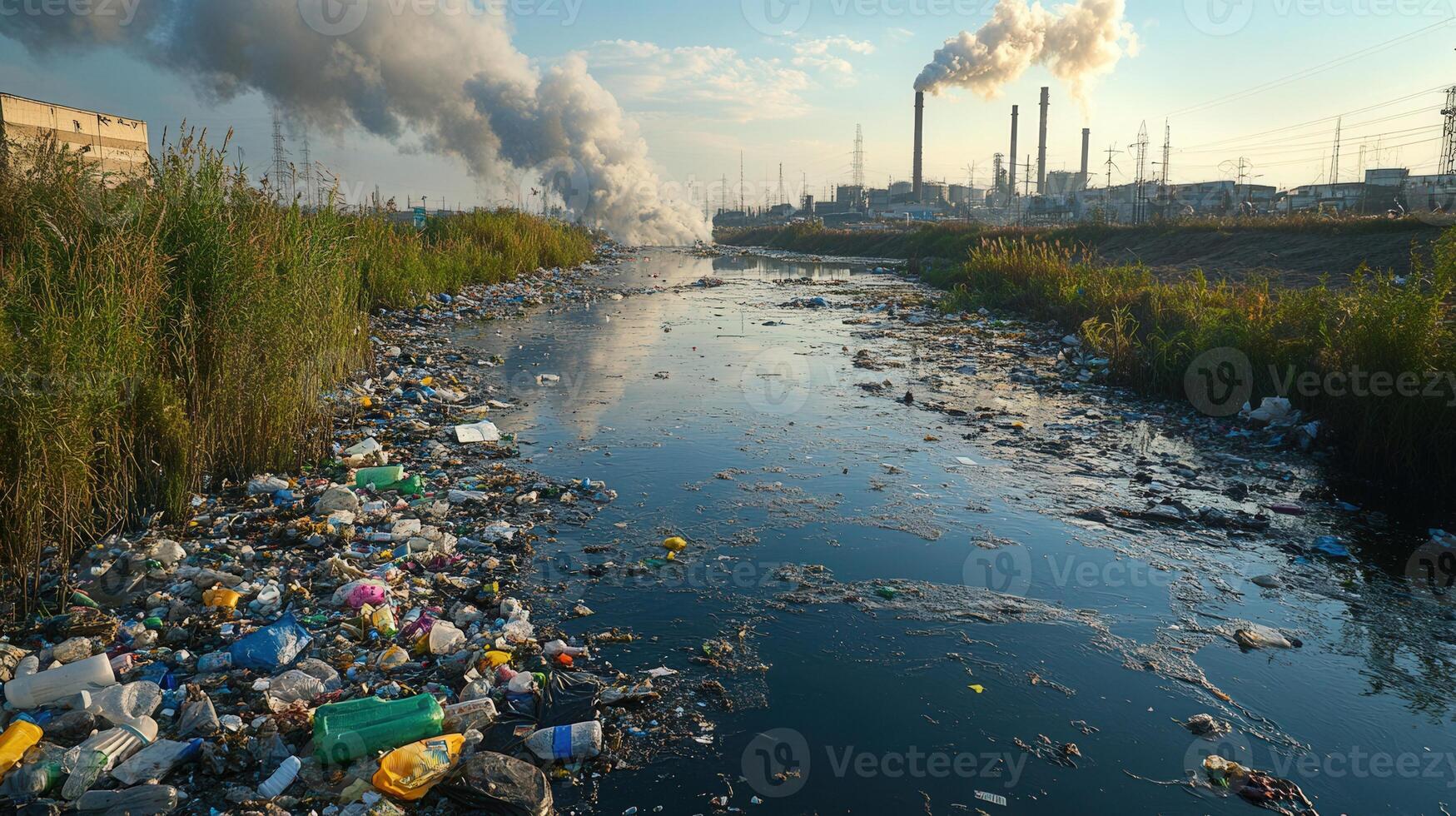 Polluted river with trash and industrial smoke, symbolizing environmental damage and hazards. photo
