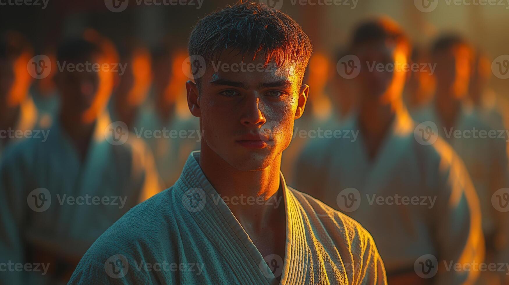 A determined young martial artist in a white uniform stands ready, lit with golden light. photo
