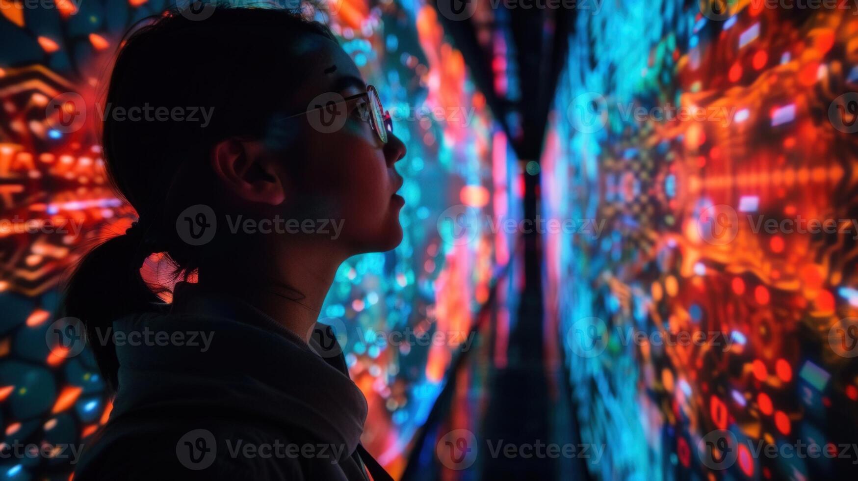 A woman contemplates an artistic, colorful digital display in a futuristic environment full of patterns. photo