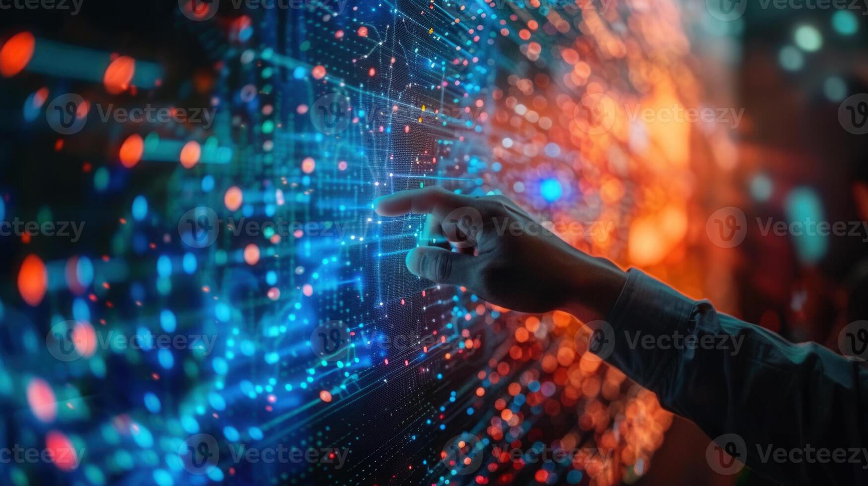 A hand gestures on a digital interface, representing technology and data connections. photo