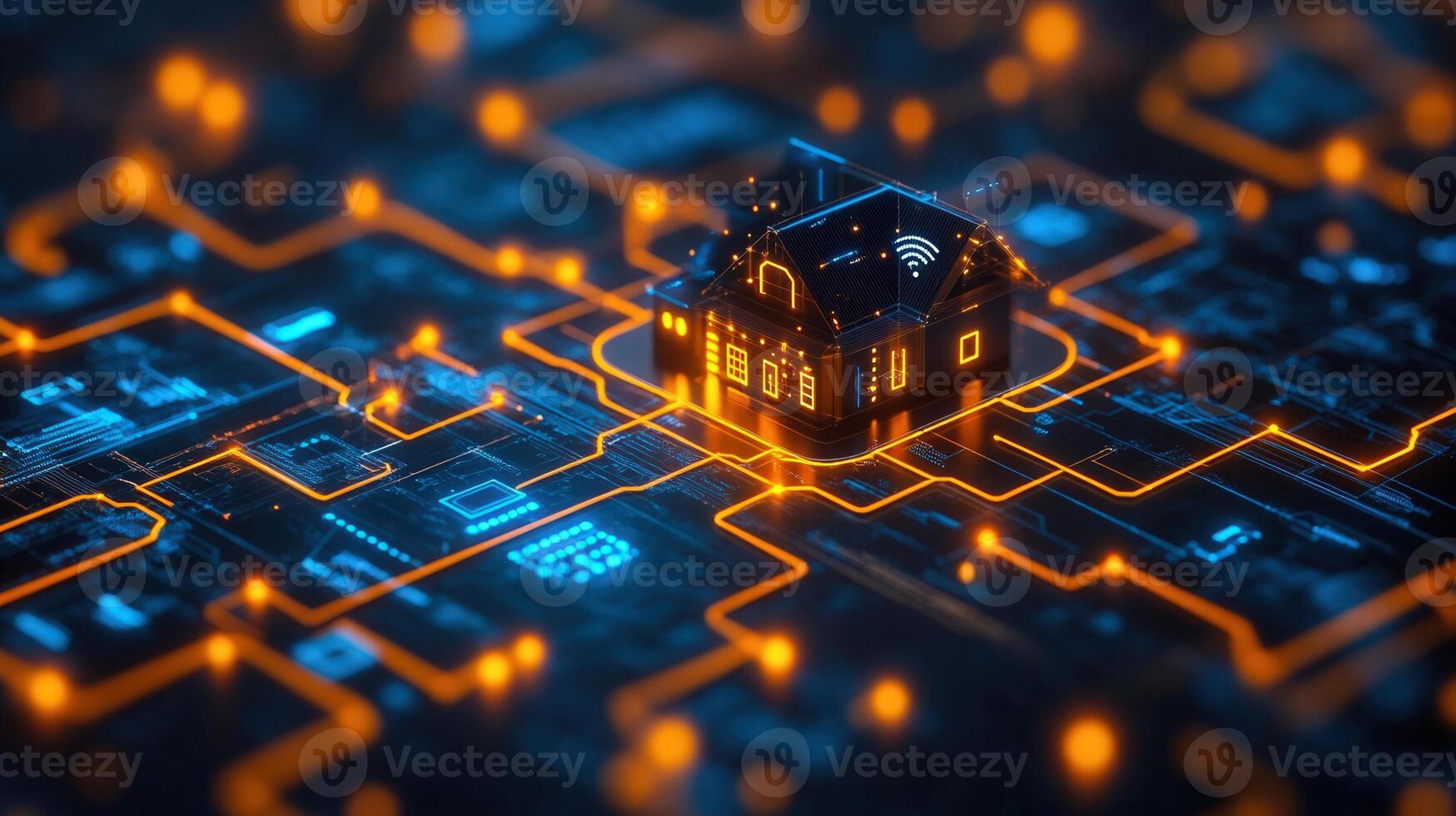 A glowing smart home concept with interconnected circuits and a wifi signal in the digital world. photo