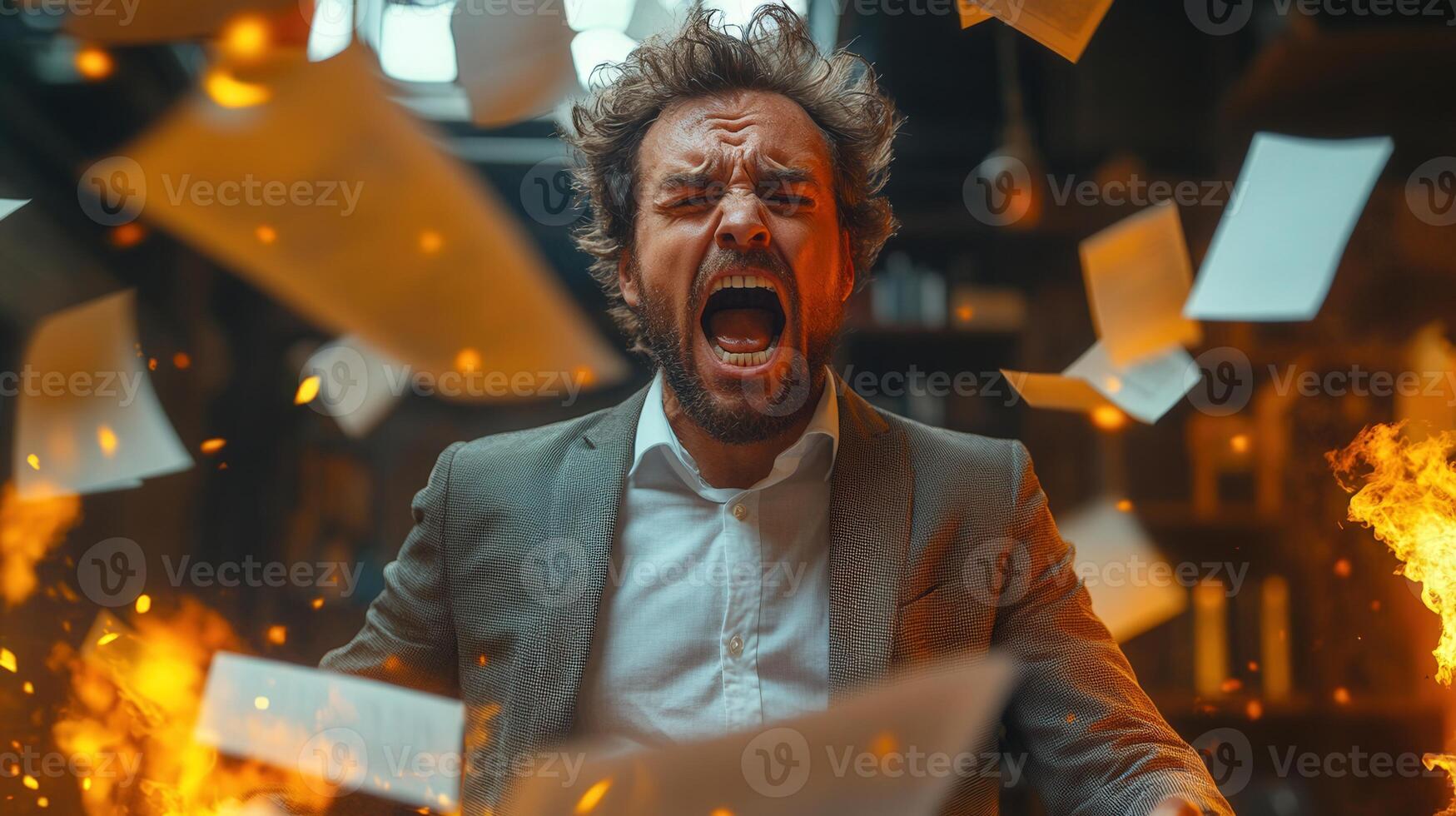 A stressed businessman yells with papers and fire around him, expressing intense frustration. photo