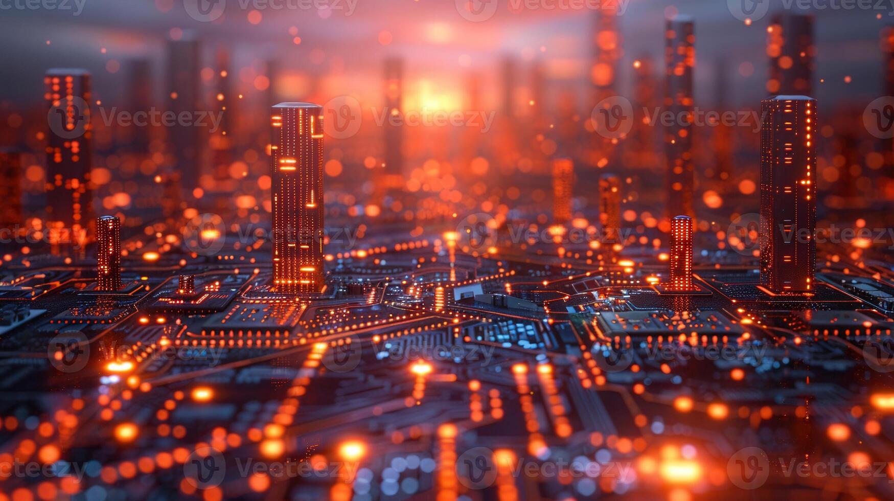 A futuristic cityscape design, rendered with glowing circuits and integrated technology elements. photo