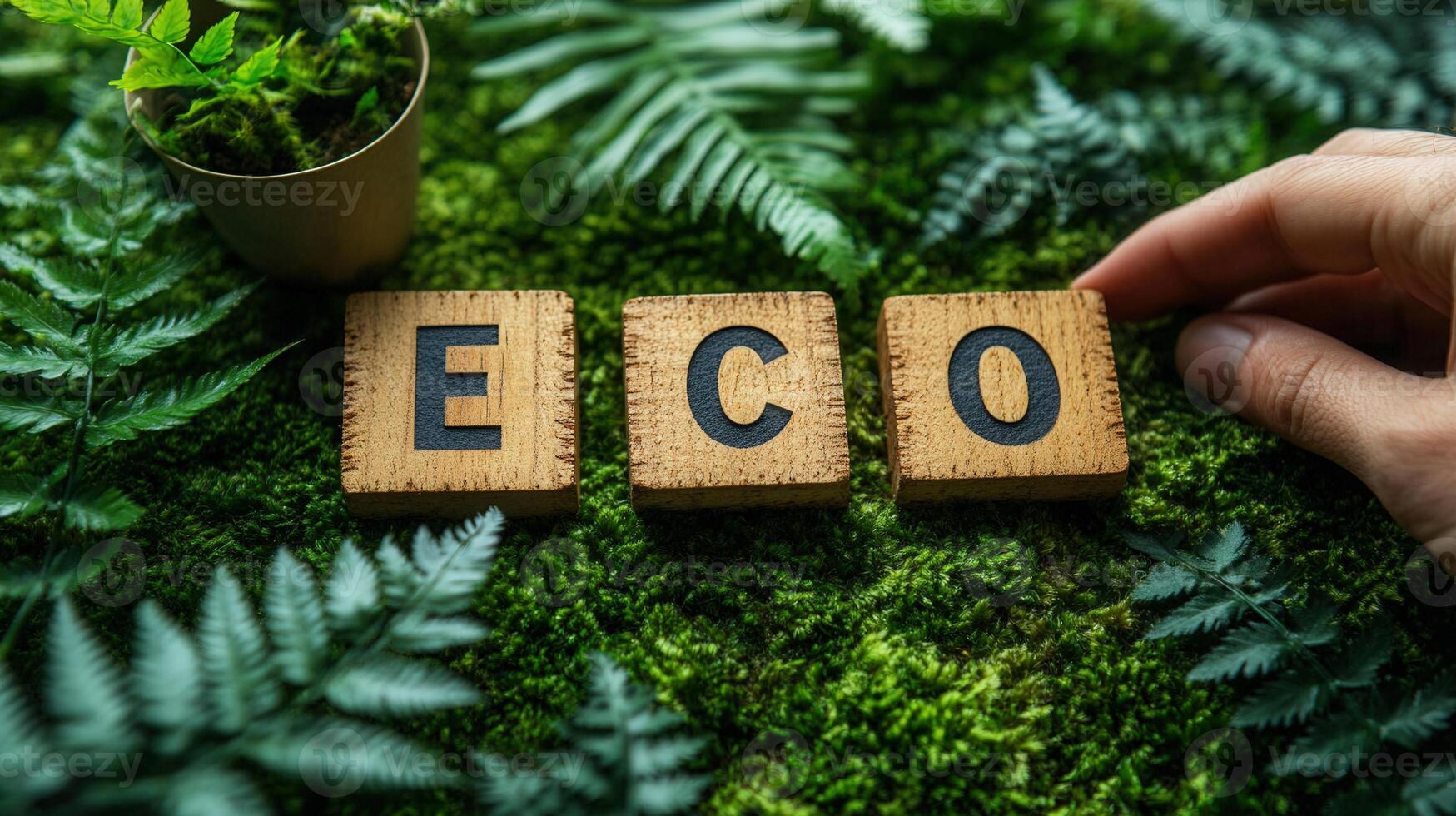 The word 'eco' spelled out with wooden blocks amidst vibrant green moss and foliage. photo