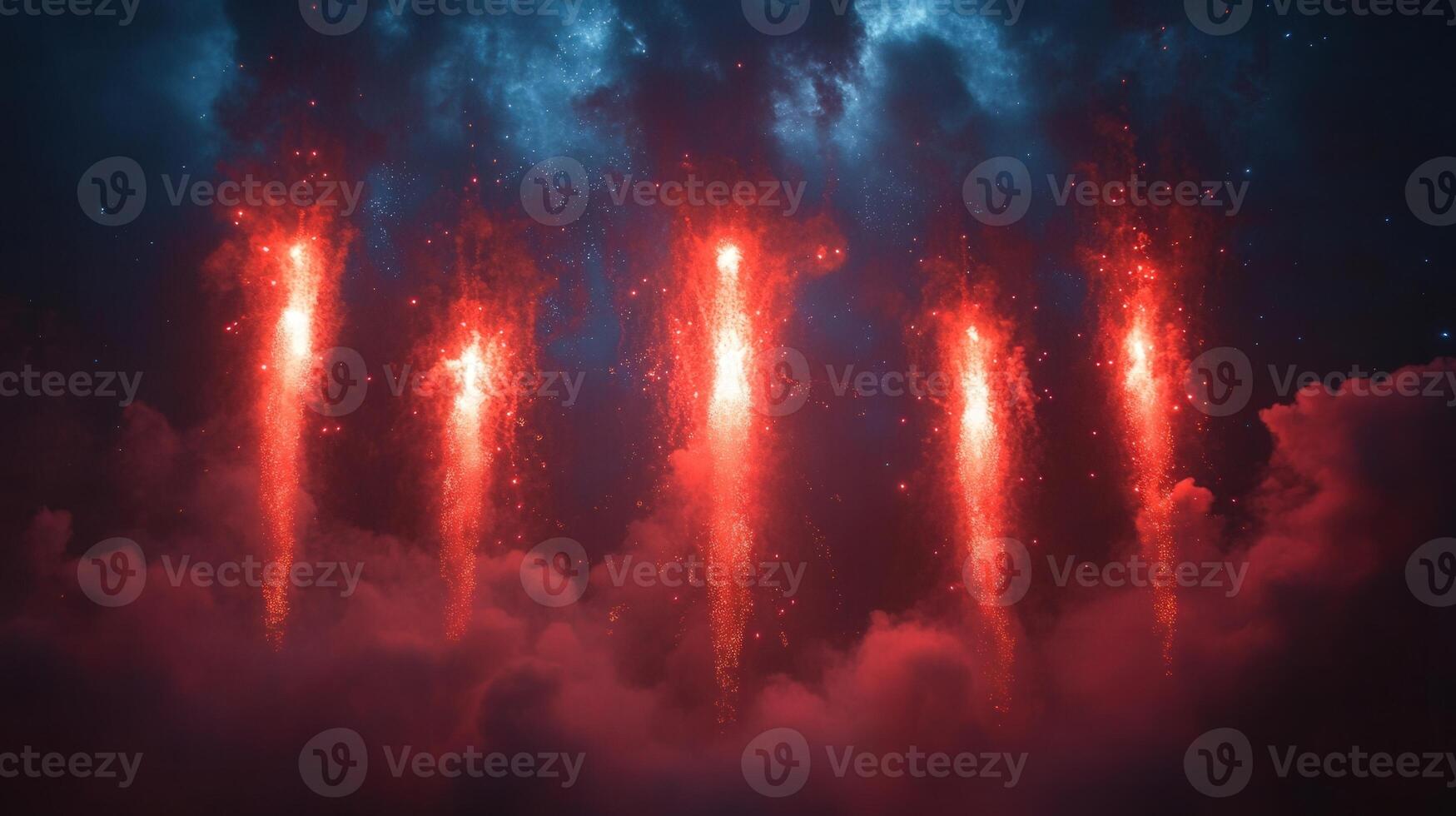 Vibrant red fireworks explode upwards from the clouds, illuminating the night sky with a fiery glow. photo