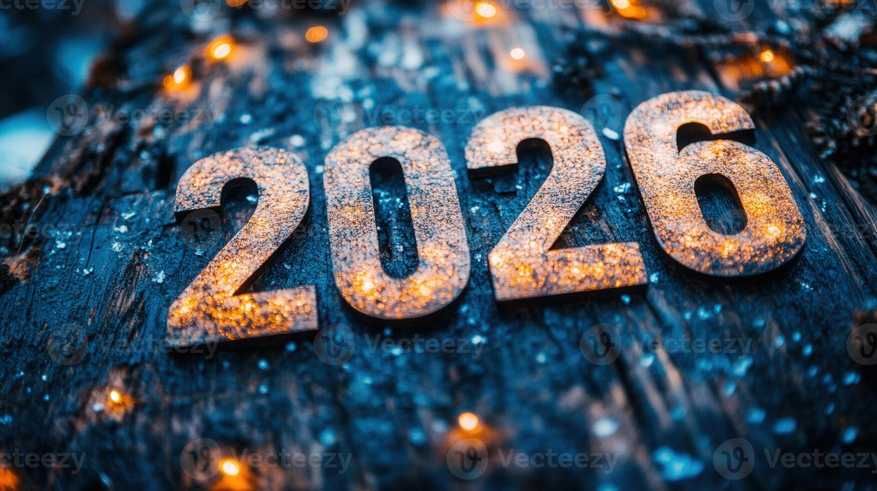 The year 2026 is celebrated with glowing numbers on a wooden background for the new year. photo