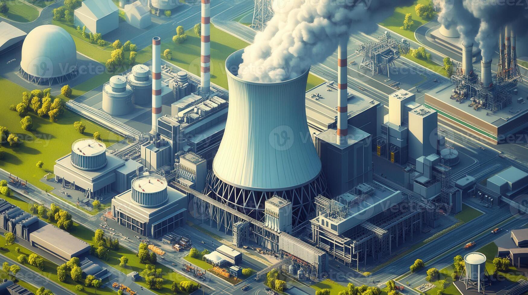 A detailed illustration of a large, industrial power plant emitting visible smoke into the air. photo