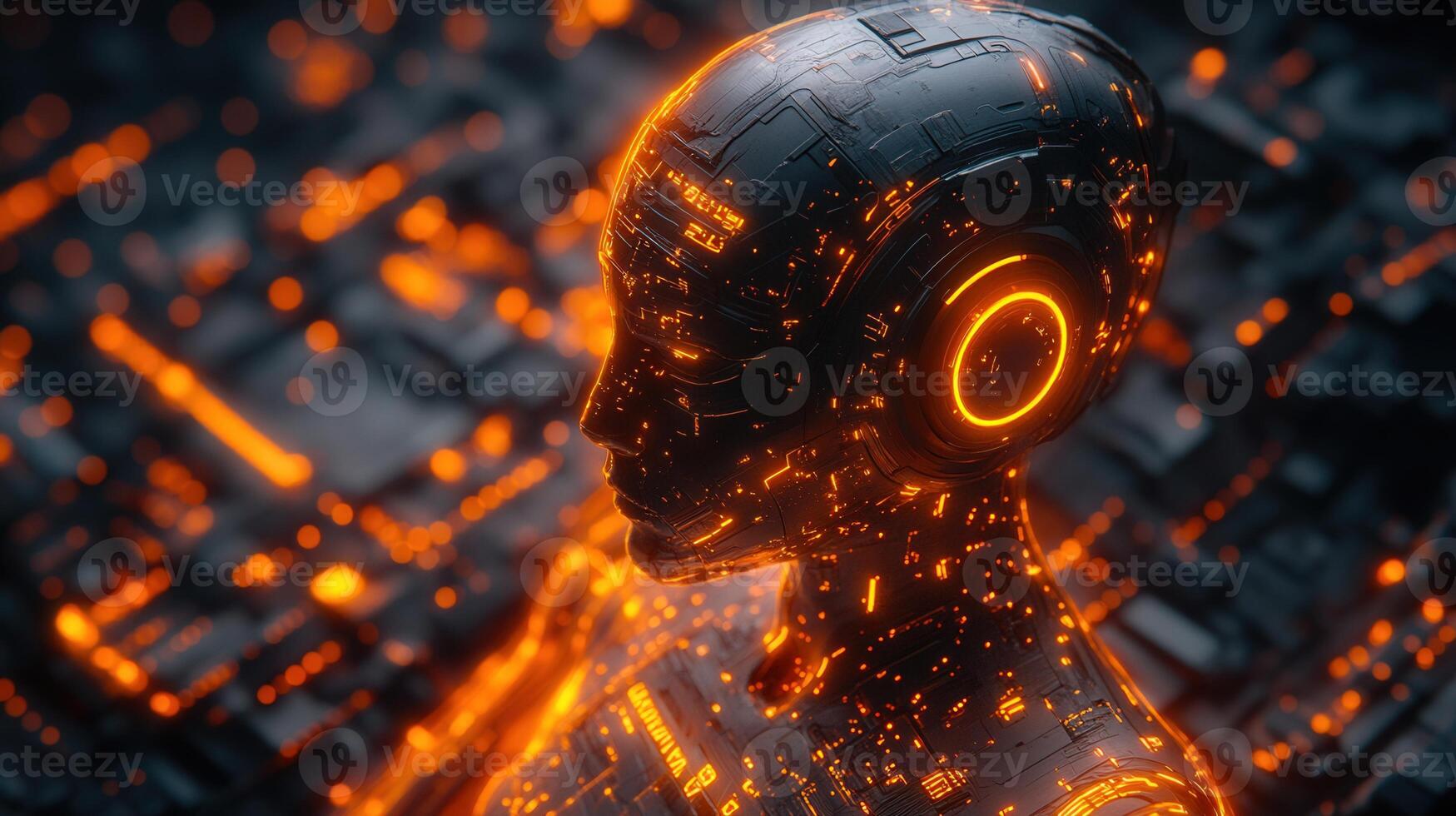 An advanced robot profile shines with embedded circuits, showcasing futuristic technology and vibrant colors. photo