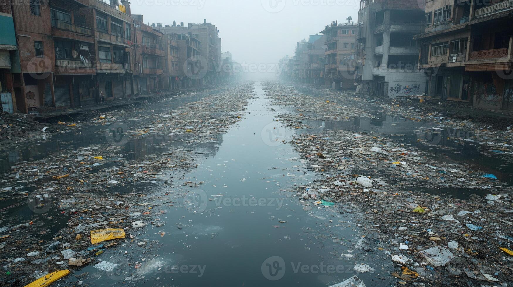 A polluted canal in a city, filled with trash and debris, reflecting the buildings. photo