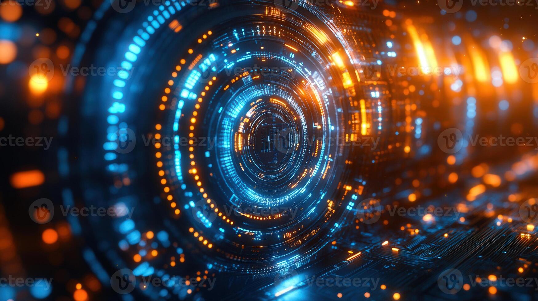 Intricate digital interface design with futuristic glowing blue and orange light effects. photo