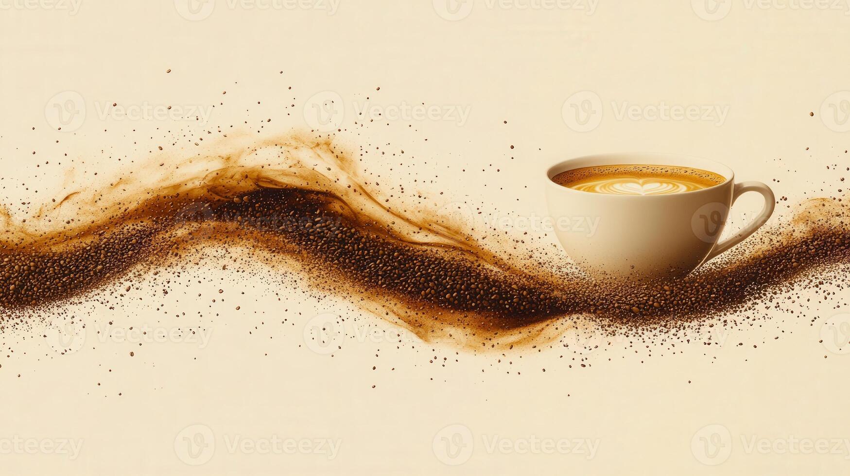 A captivating image of a coffee cup with latte art, and a dynamic coffee ground flow. photo