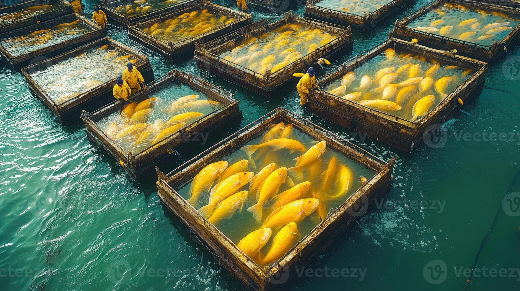 Aerial view captures the fish farming industry with workers managing golden fish in water pens. photo