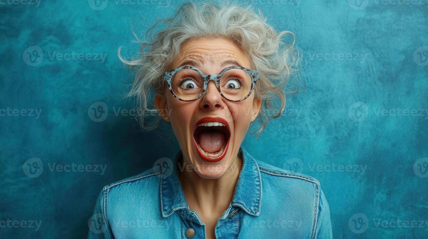 A woman's surprised face with open mouth, wearing glasses, showing pure shock expression. photo