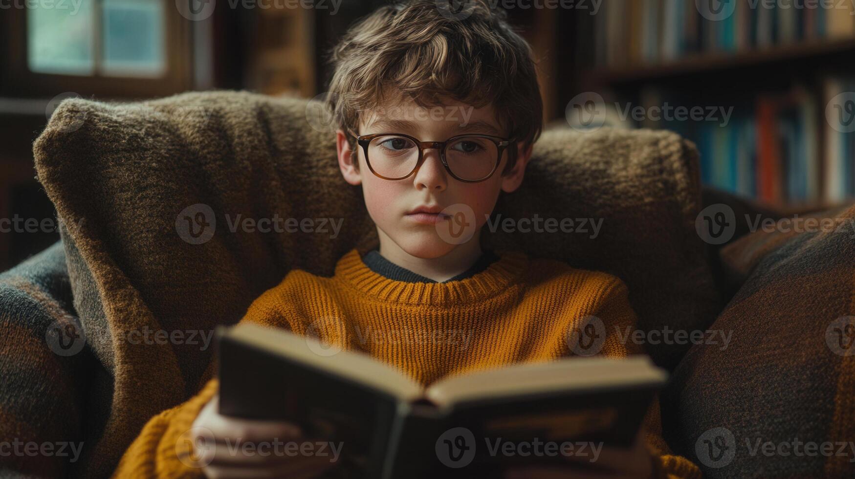 A thoughtful boy in glasses reads a book while relaxing in a cozy, dimly lit room. photo
