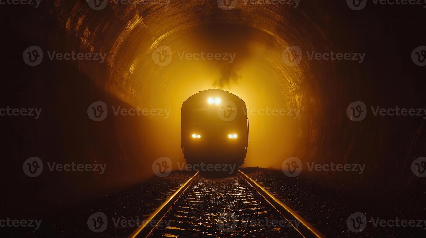 A train journeys through a tunnel, its headlights shining toward the camera with an air of adventure. photo