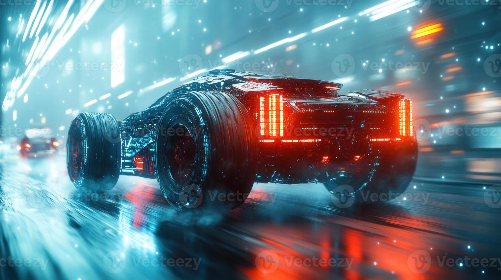 A sleek, futuristic car speeding through a neon-drenched cityscape at night with vibrant lights. photo