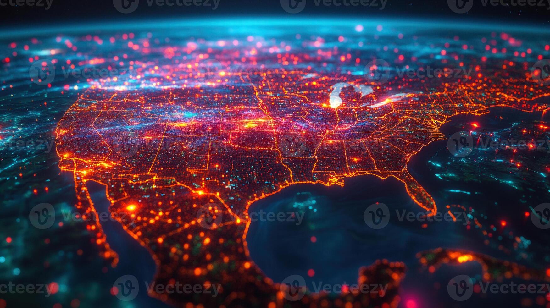 An illuminated view of the United States at night, showing data flow and connections. photo