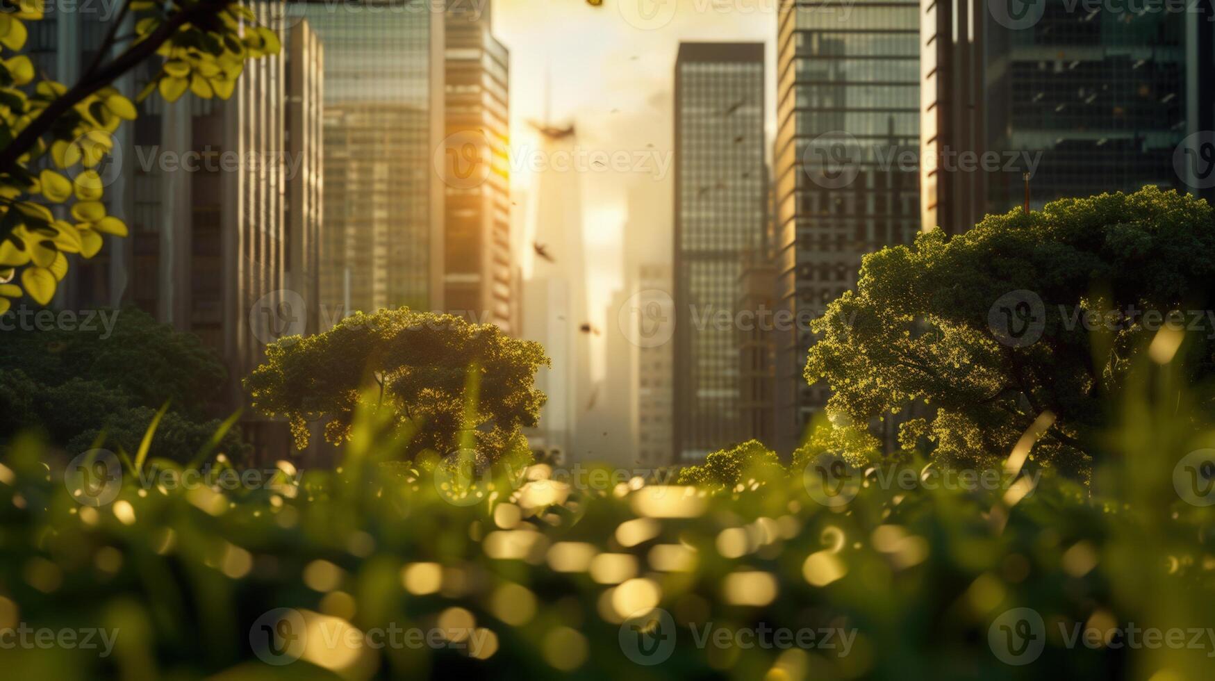 A beautiful city park scene with green grass, trees, and a skyline in the background at sunset. photo