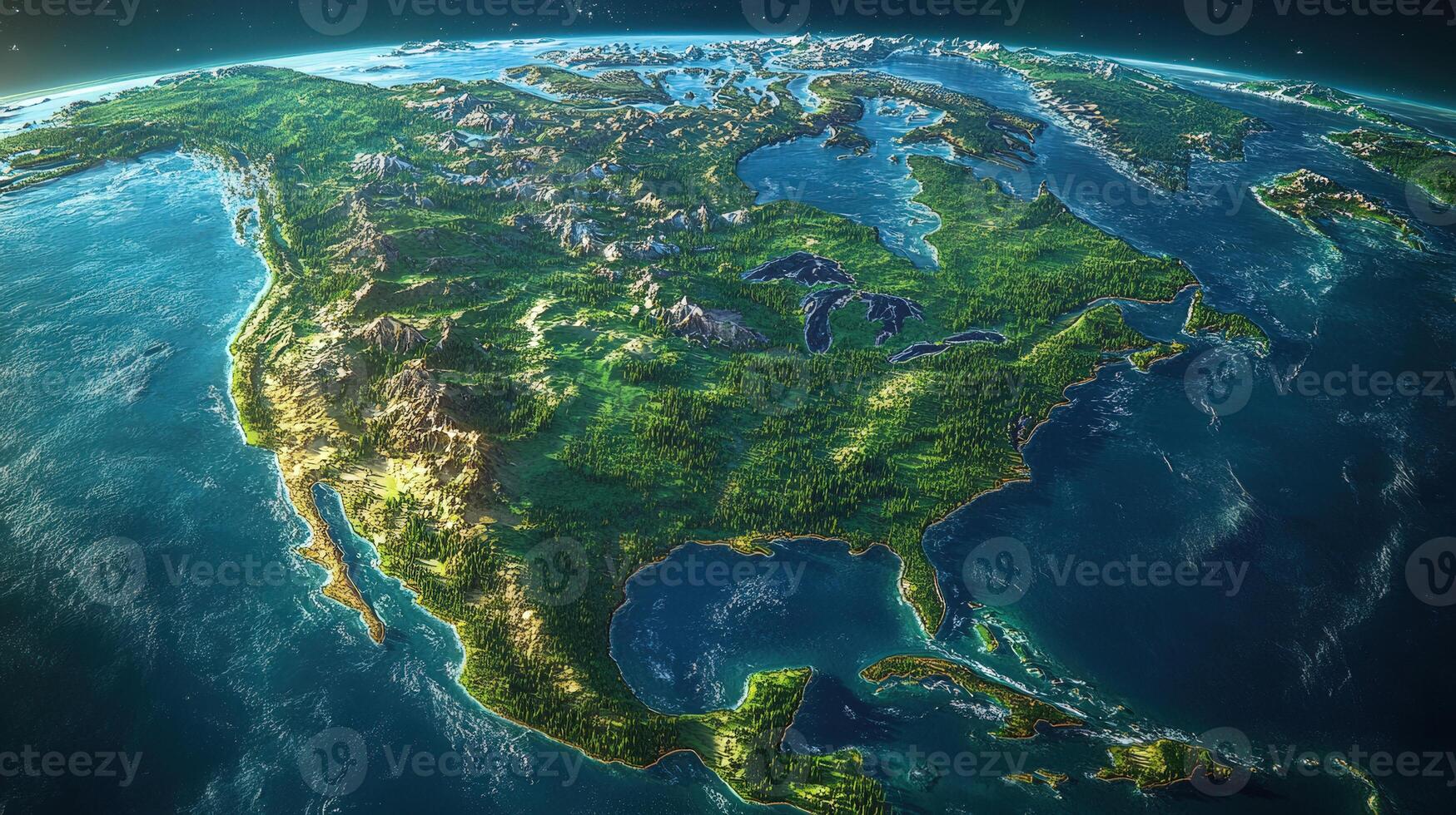 A stunning digital illustration depicts the north american continent from a unique, elevated perspective. photo