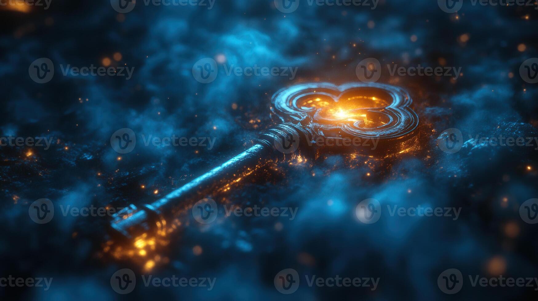 A captivating image showcasing a glowing, ornate key set against a mystical, blue background. photo