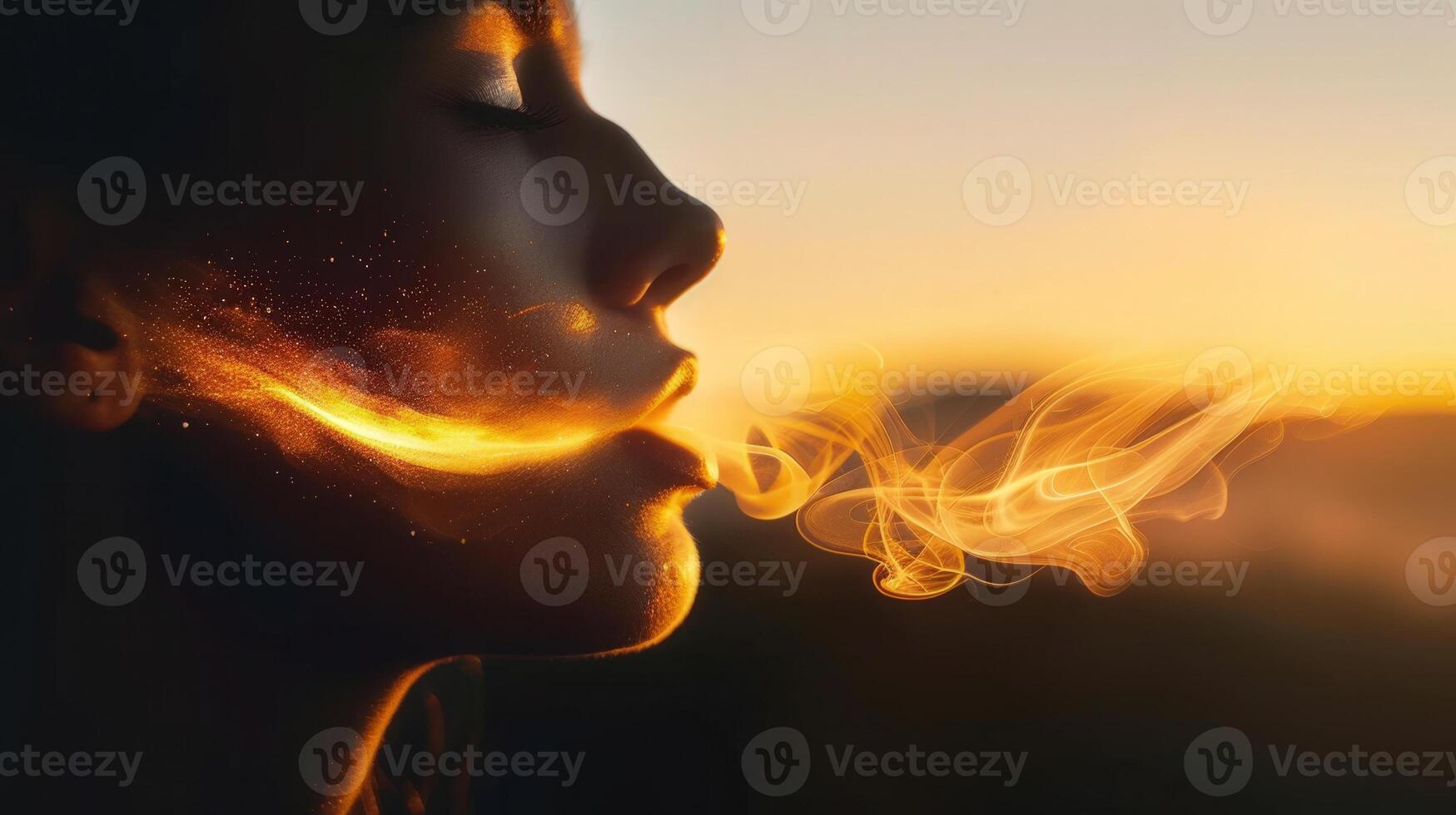 A tranquil scene of a person exhaling luminous smoke in the serene sunset setting. photo