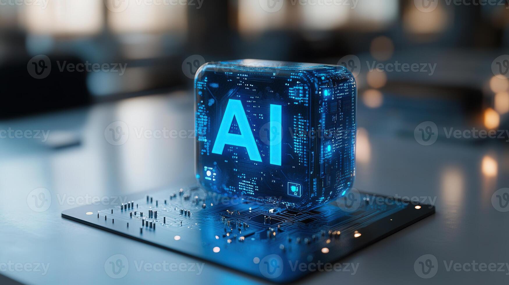 An illuminated AI cube, set on a circuit board, representing the core of digital technology. photo