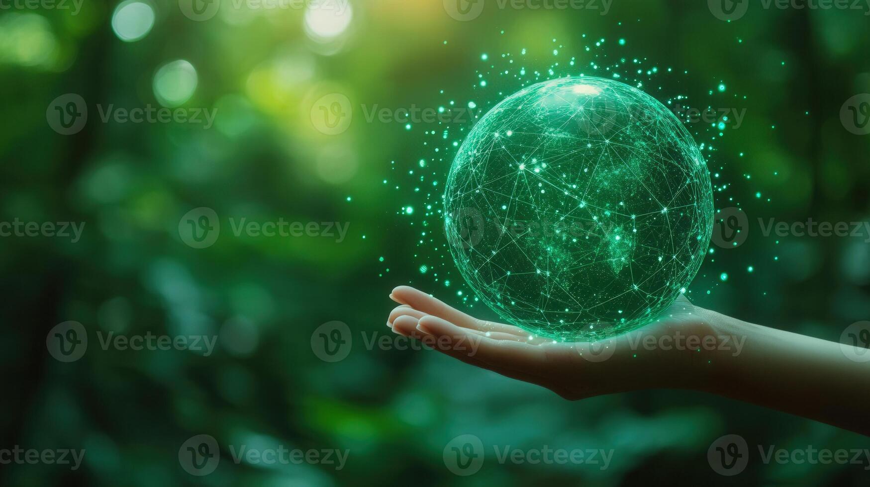 A hand cradles a glowing green digital sphere, representing a connected future in nature. photo