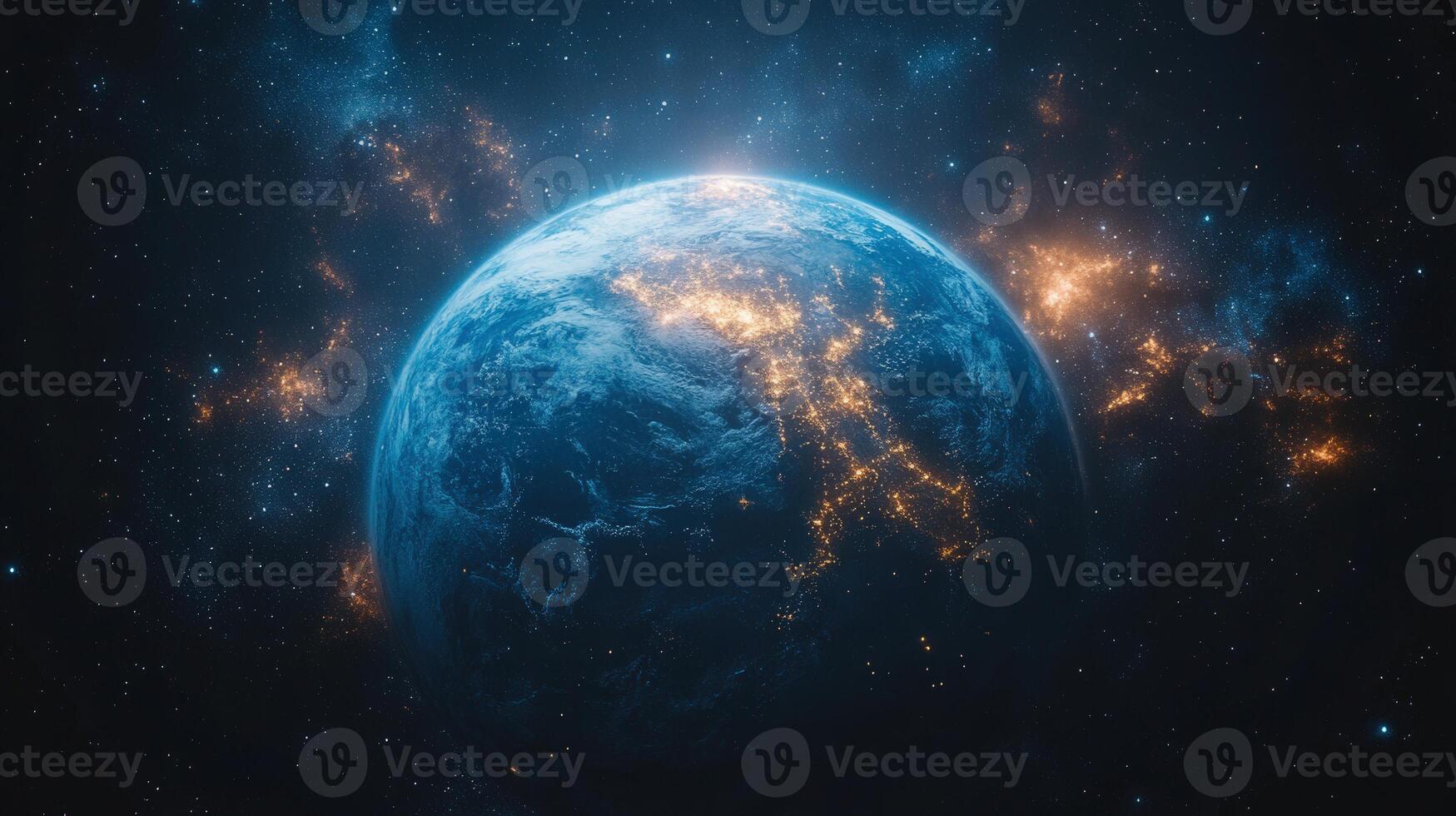 Stunning view of earth from space, illuminated by city lights against a starry backdrop. photo