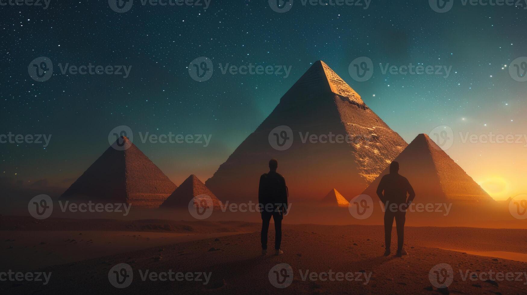 Two people contemplate the grandeur of ancient egyptian pyramids beneath a starry sky. photo