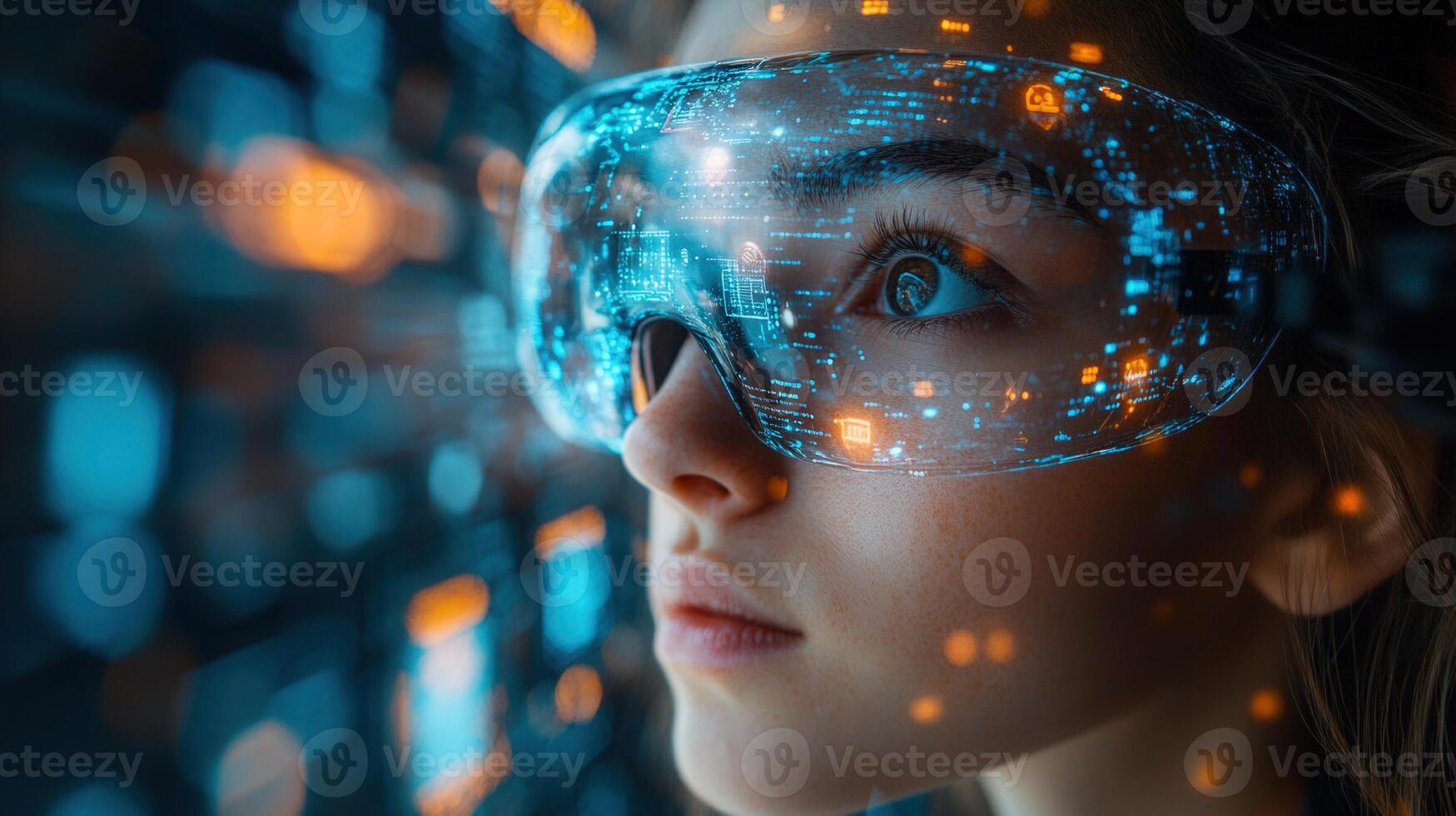 A woman gazes through futuristic augmented reality glasses, seeing a world of data and connectivity. photo