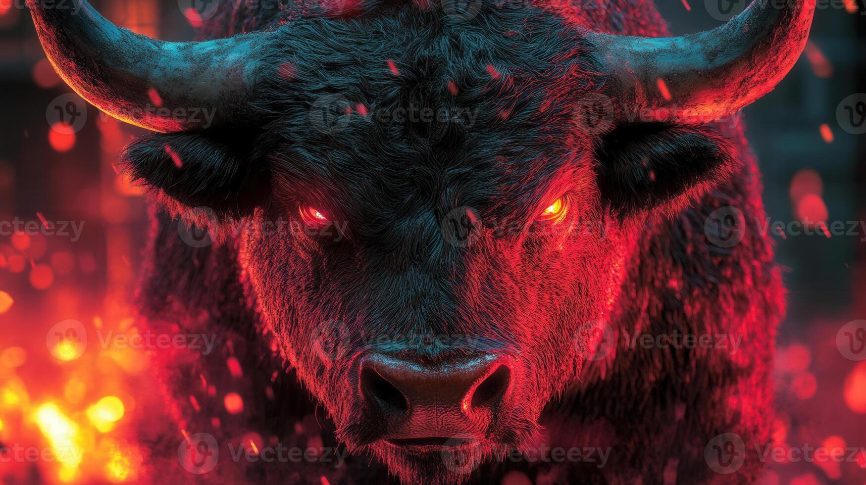 A fierce bull with glowing red eyes stares intensely, set against a background of fire. photo