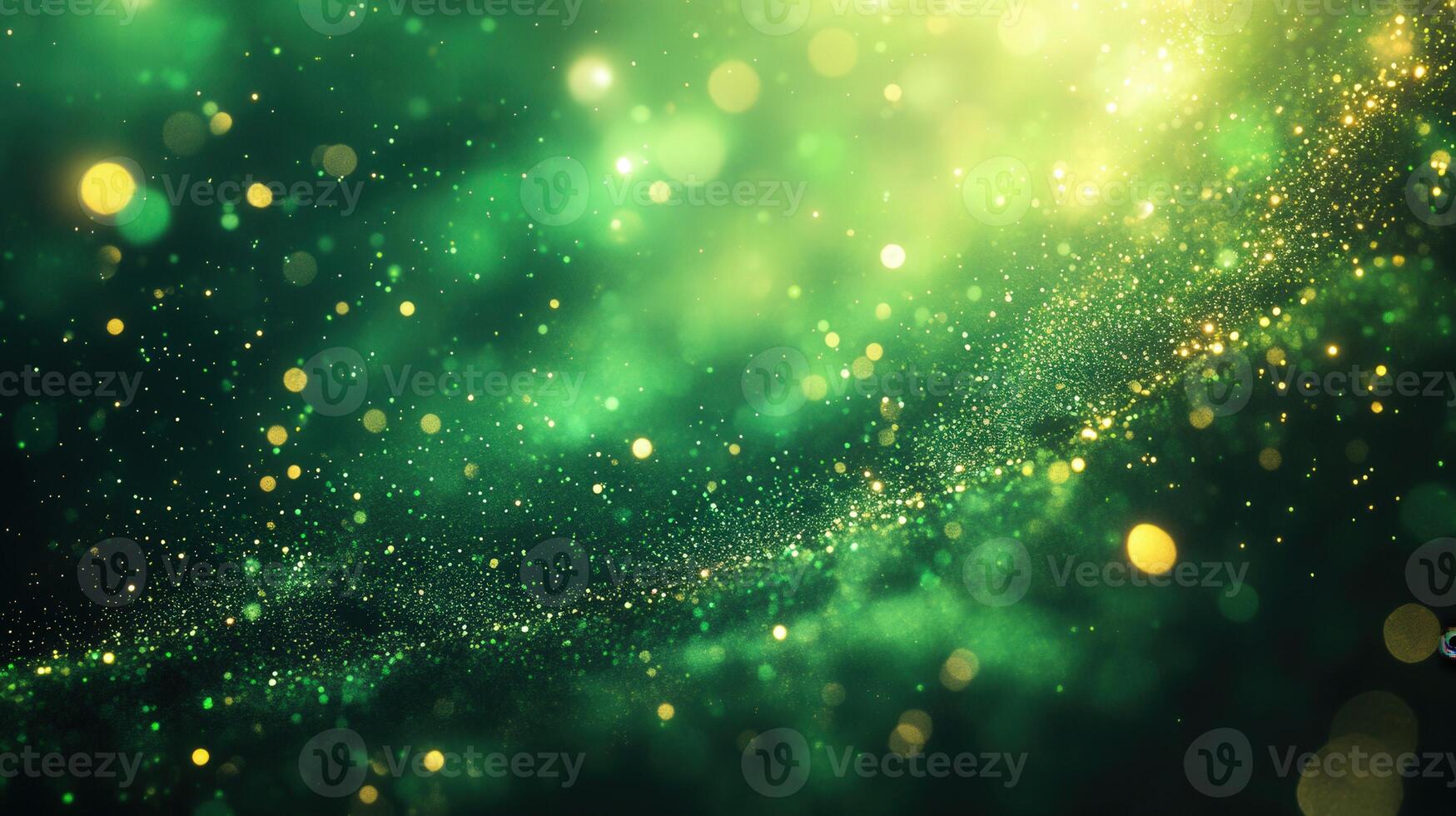A mesmerizing abstract background featuring green and golden glittering particles in motion. photo