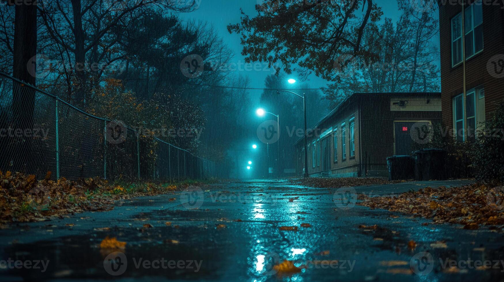 Rain-soaked road at night reflecting city lights with falling leaves and a chain-link fence. photo