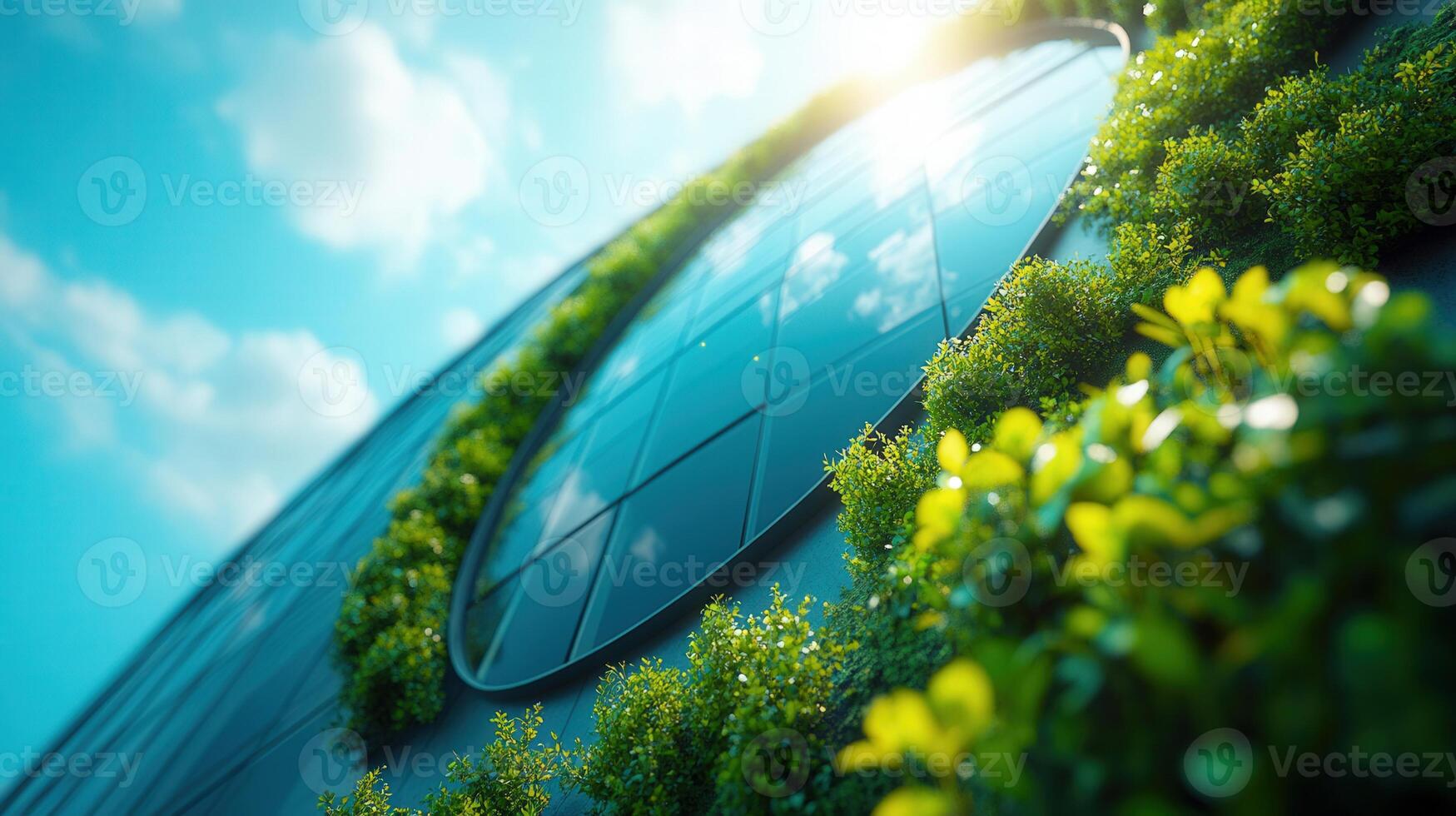 A stunning architectural feat, showcasing a green facade with a circular window and clear sky. photo