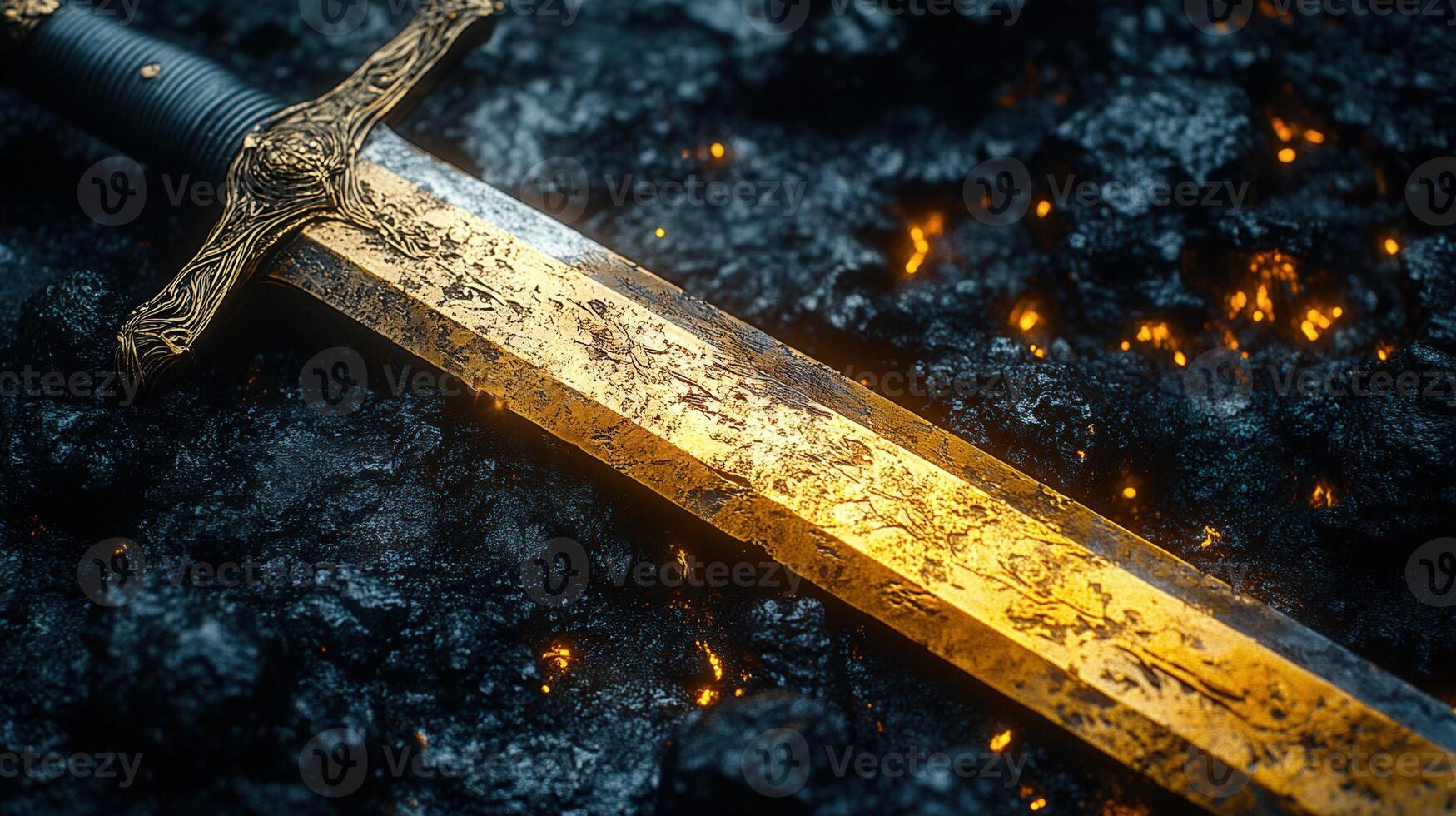A detailed close-up shot of a golden sword resting on a dark and textured surface. photo
