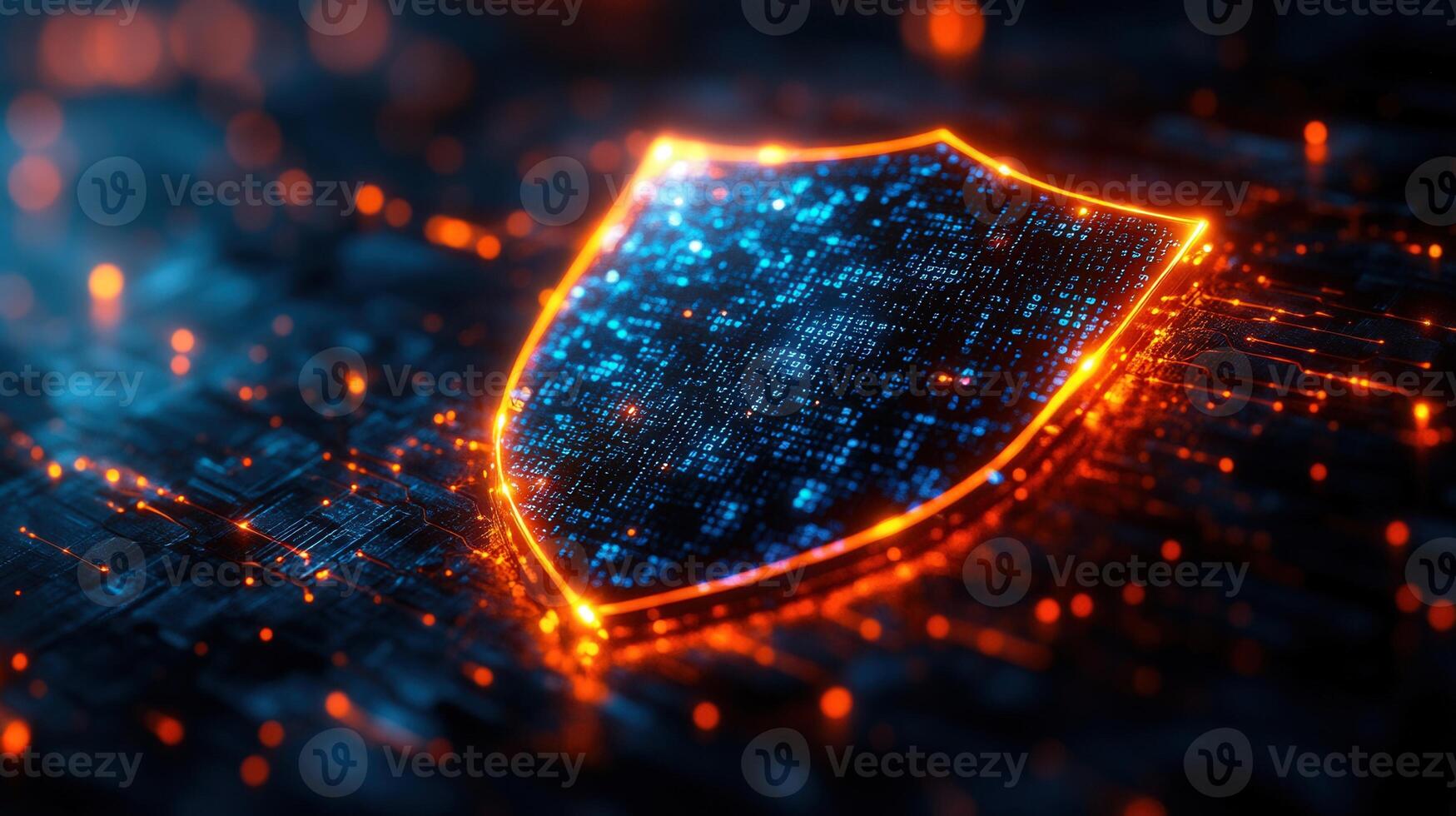 Glowing digital shield illustrates cybersecurity and data protection in a tech-centric world. photo