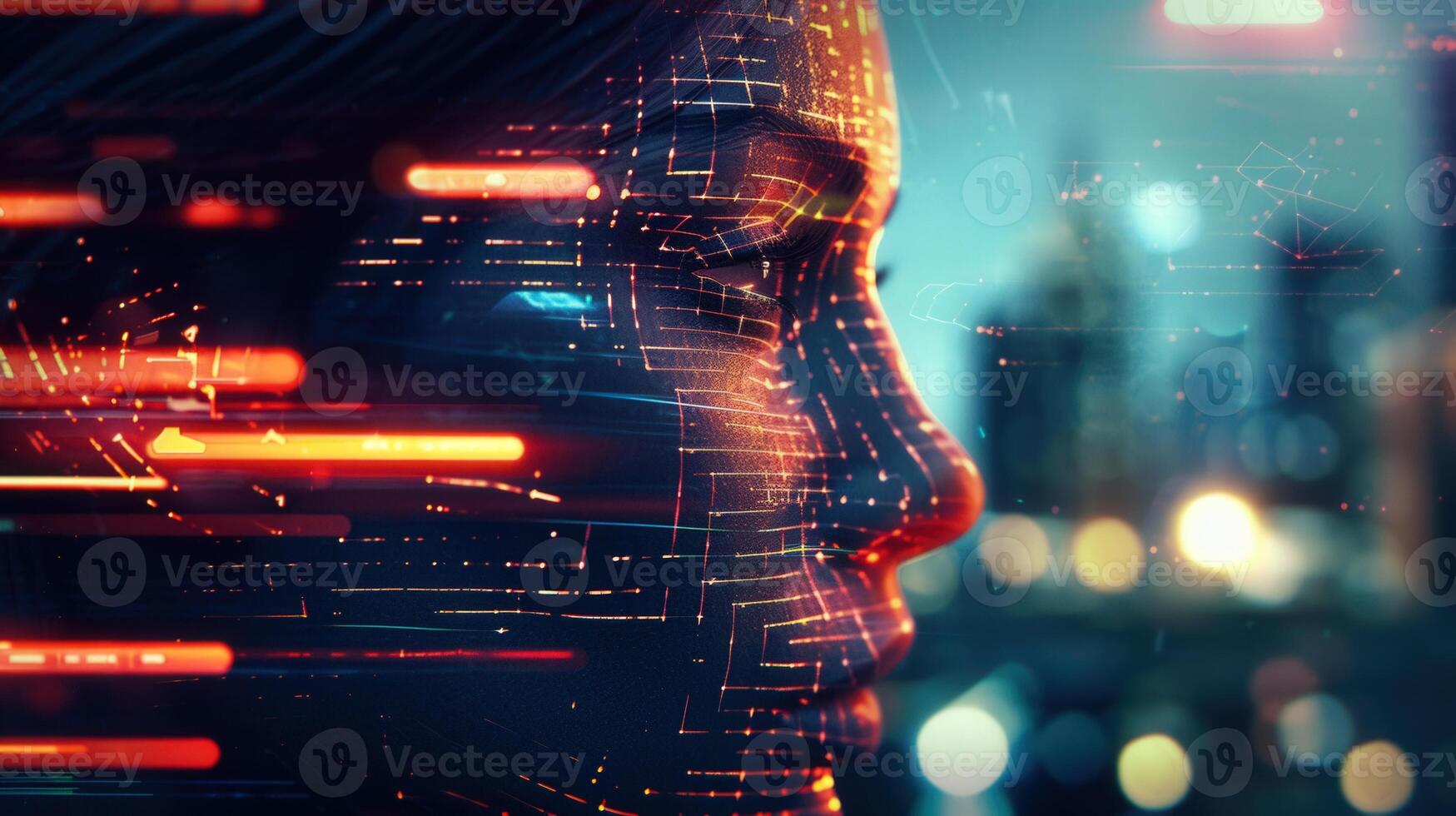 A captivating artwork showing a woman's face with glowing, intricate digital circuits. photo