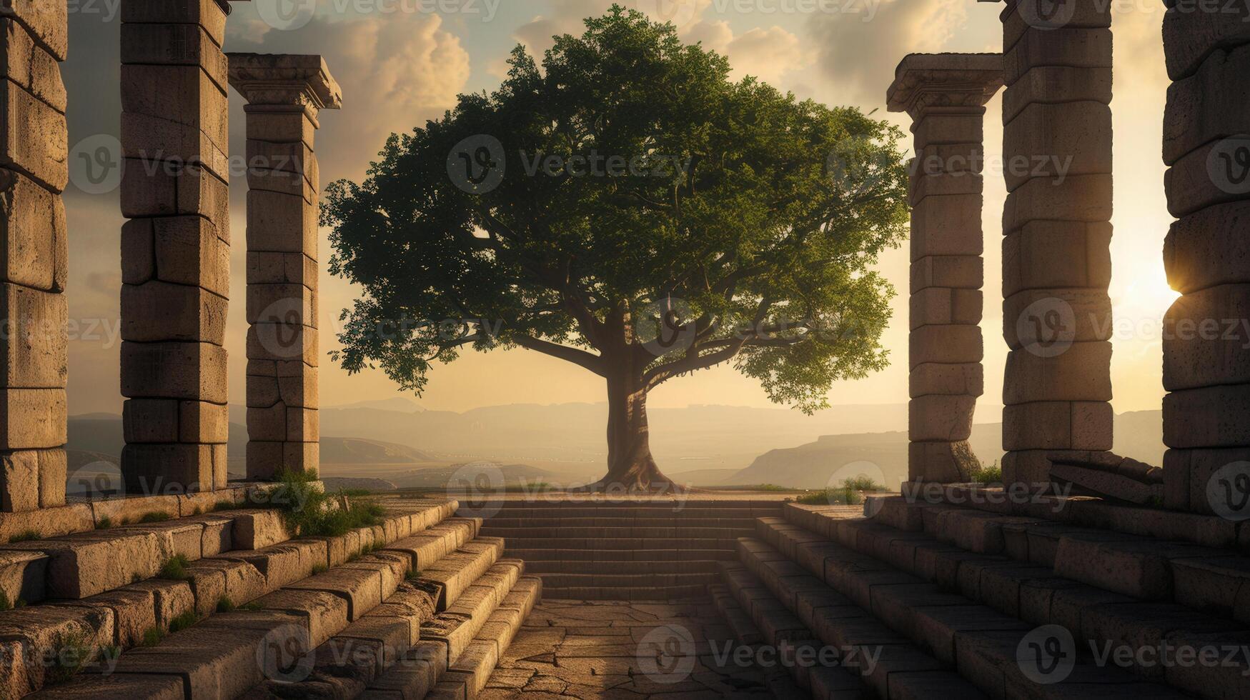 Magnificent tree grows within the ancient temple ruins at sunset, a moment of serenity. photo