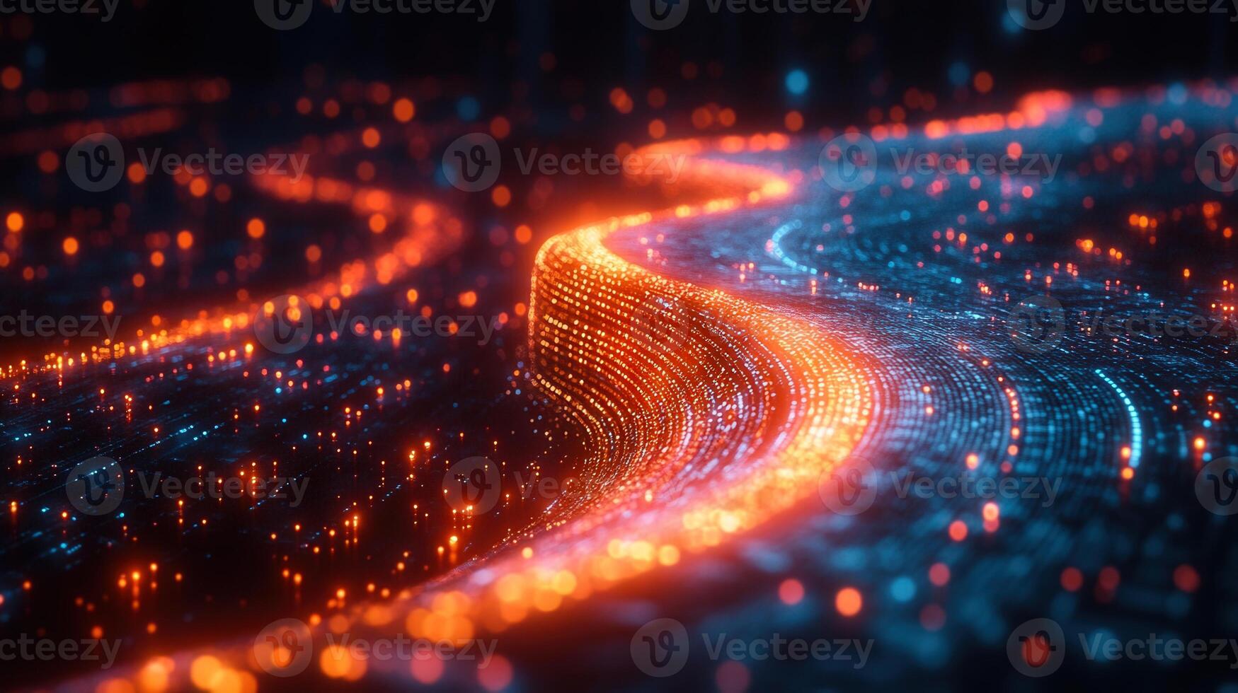 A mesmerizing digital artwork showcasing an abstract flow of data in vibrant orange and blue. photo
