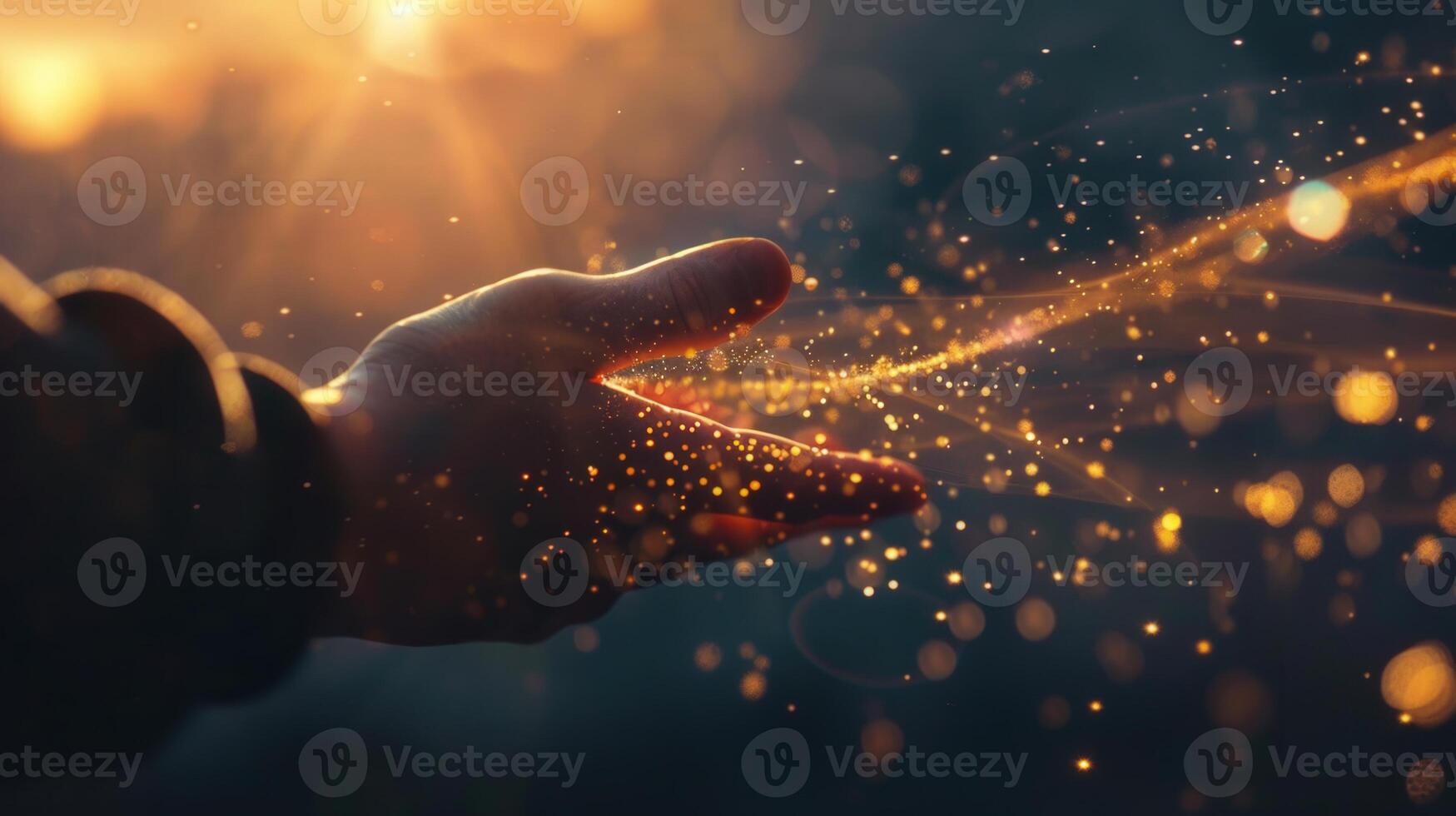 A reaching hand is illuminated by golden light with particles, creating a magical image. photo
