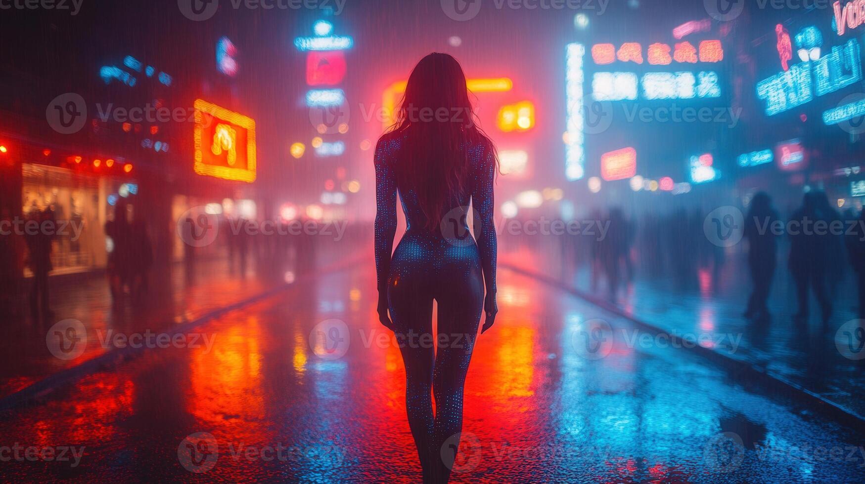A lone figure strolls through a cyberpunk city street under the vibrant glow of neon lights. photo