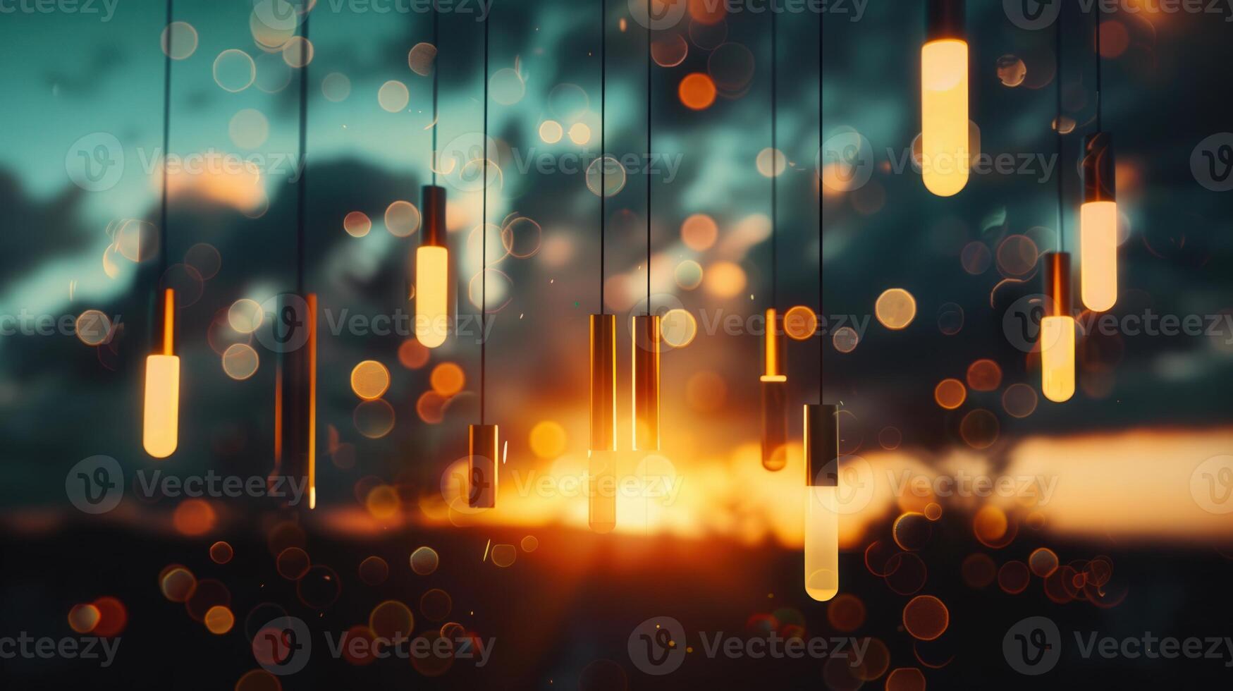 Glowing pendant lights illuminate a stunning sunset with soft, dreamlike bokeh effect. photo
