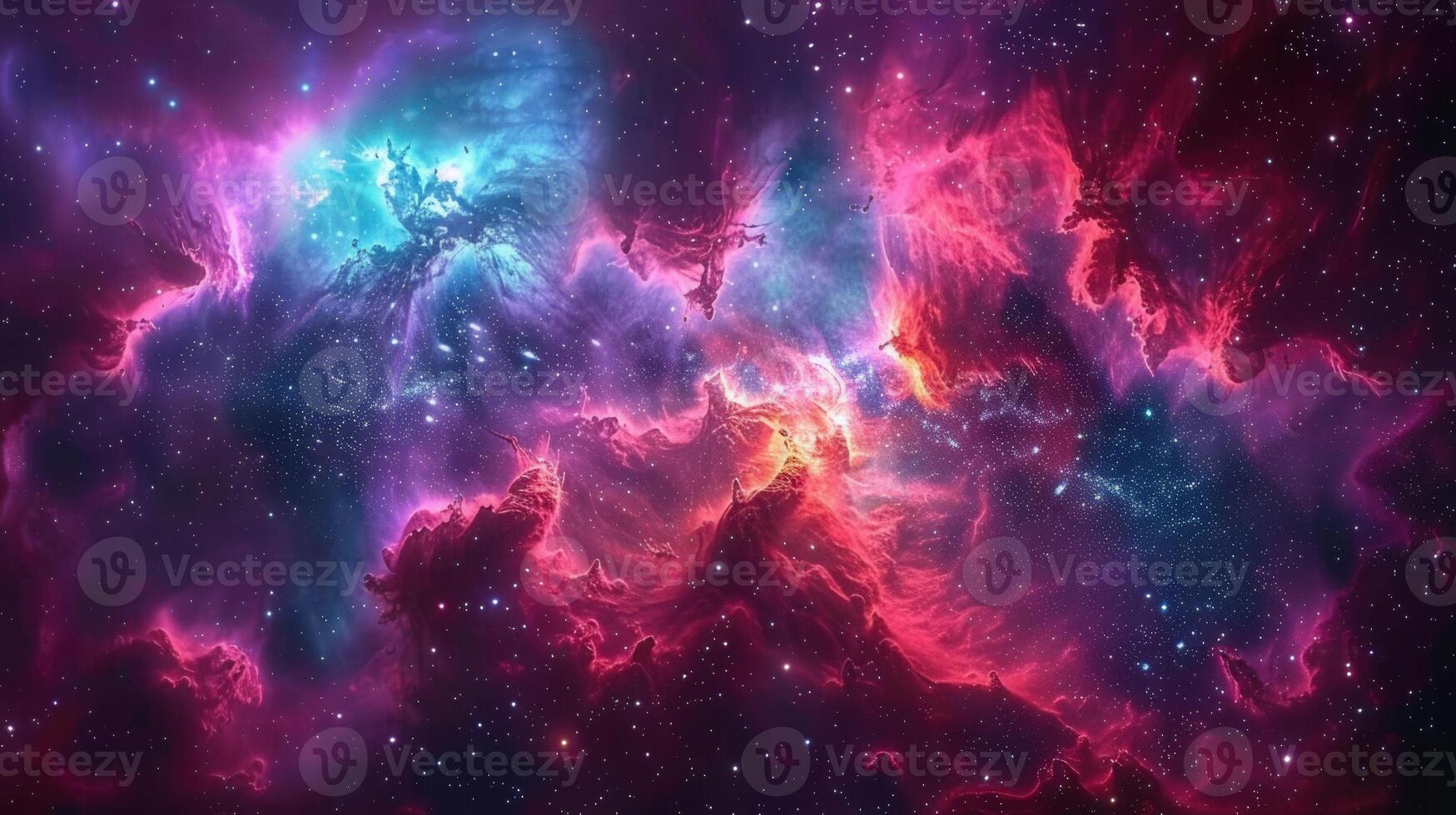 A vibrant and colorful nebula swirls with countless stars, creating a stunning cosmic panorama. photo