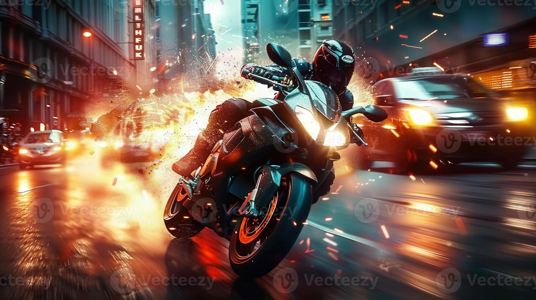 A motorcycle racer navigates a city street with an explosion of sparks in a nighttime chase. photo